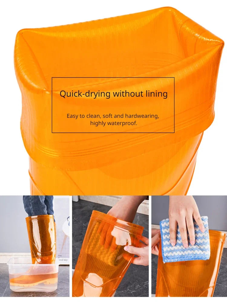 Orange mid calf gumboots showing flexible shaft material detail