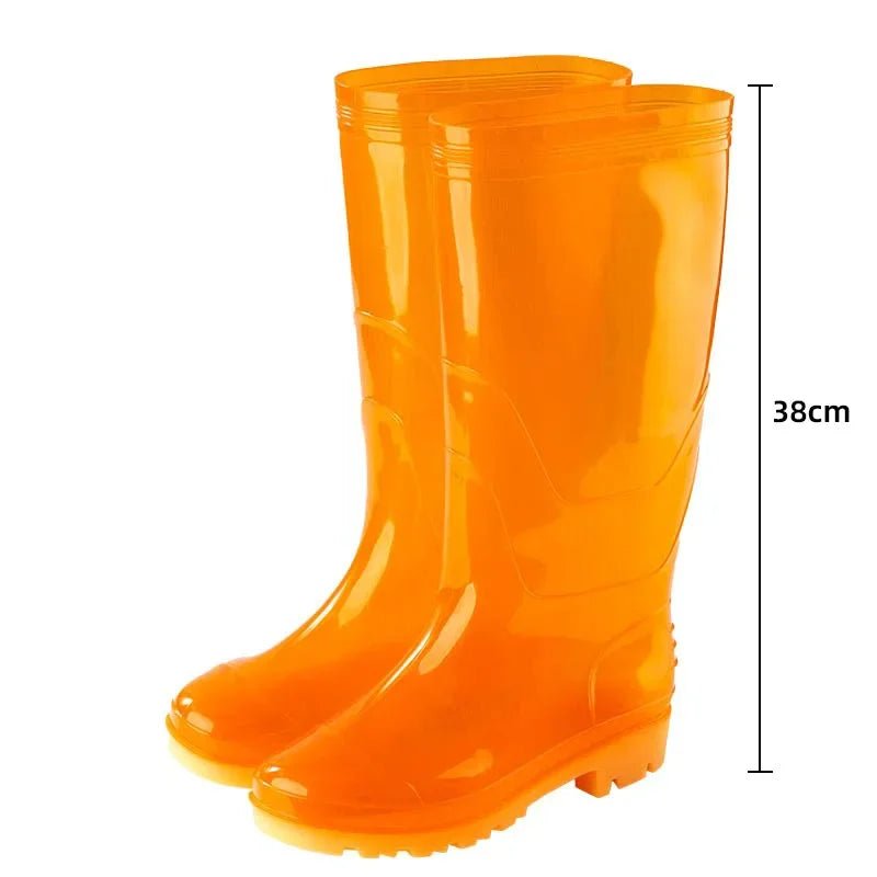 Orange mid calf gumboots side view showing height measurement