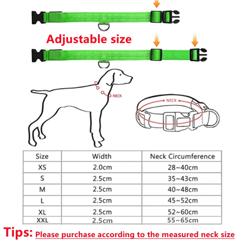 Adjustable USB LED dog collar size measurement guide