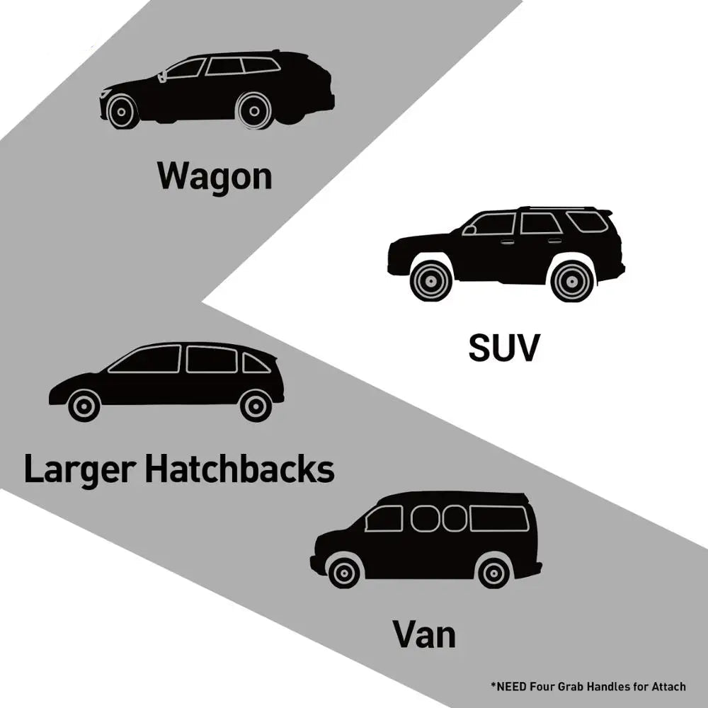 Diagram showing car compatibility for BOOMS FISHING rod holder including SUV, van, and hatchback setups
