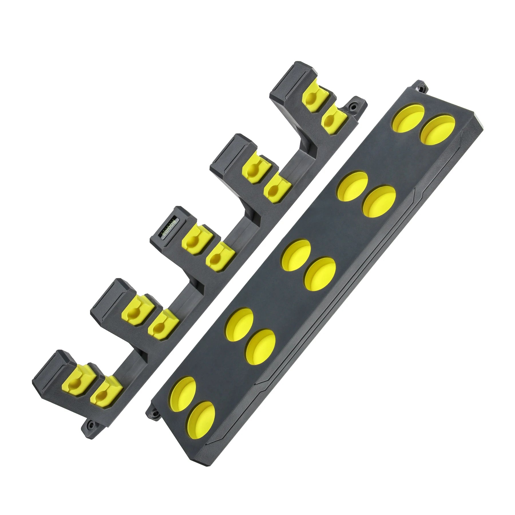 Vertical and horizontal view of BOOMS FISHING EVA foam fishing rod rack with ten-slot capacity