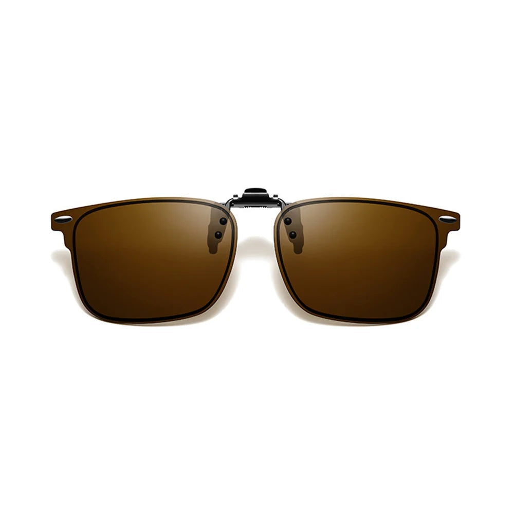 VIVIBEE brown polarised flip-up clip-on sunglasses with mirror finish and anti-reflective coating