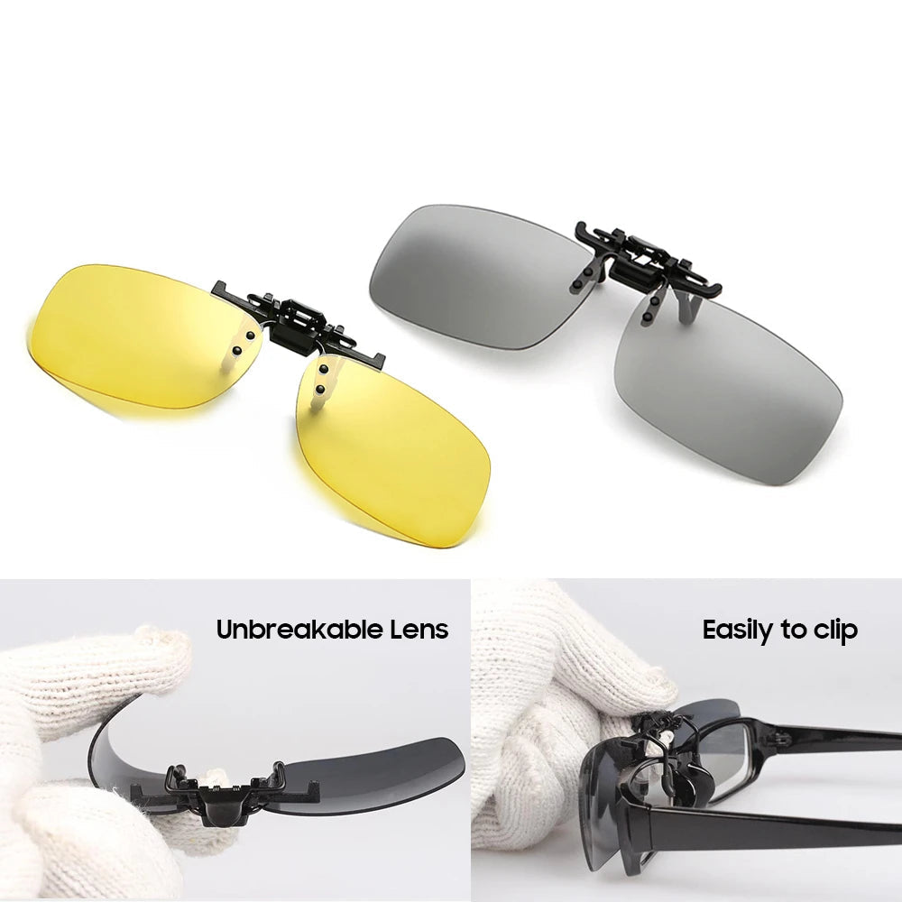 VIVIBEE flip-up clip-on sunglasses available in grey and night-vision yellow polarised lenses