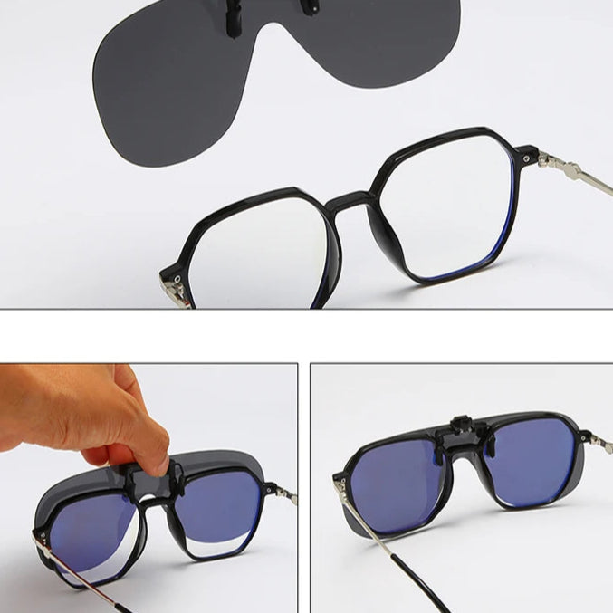 VIVIBEE clip-on sunglasses shown attaching to prescription glasses with lightweight pilot-style design