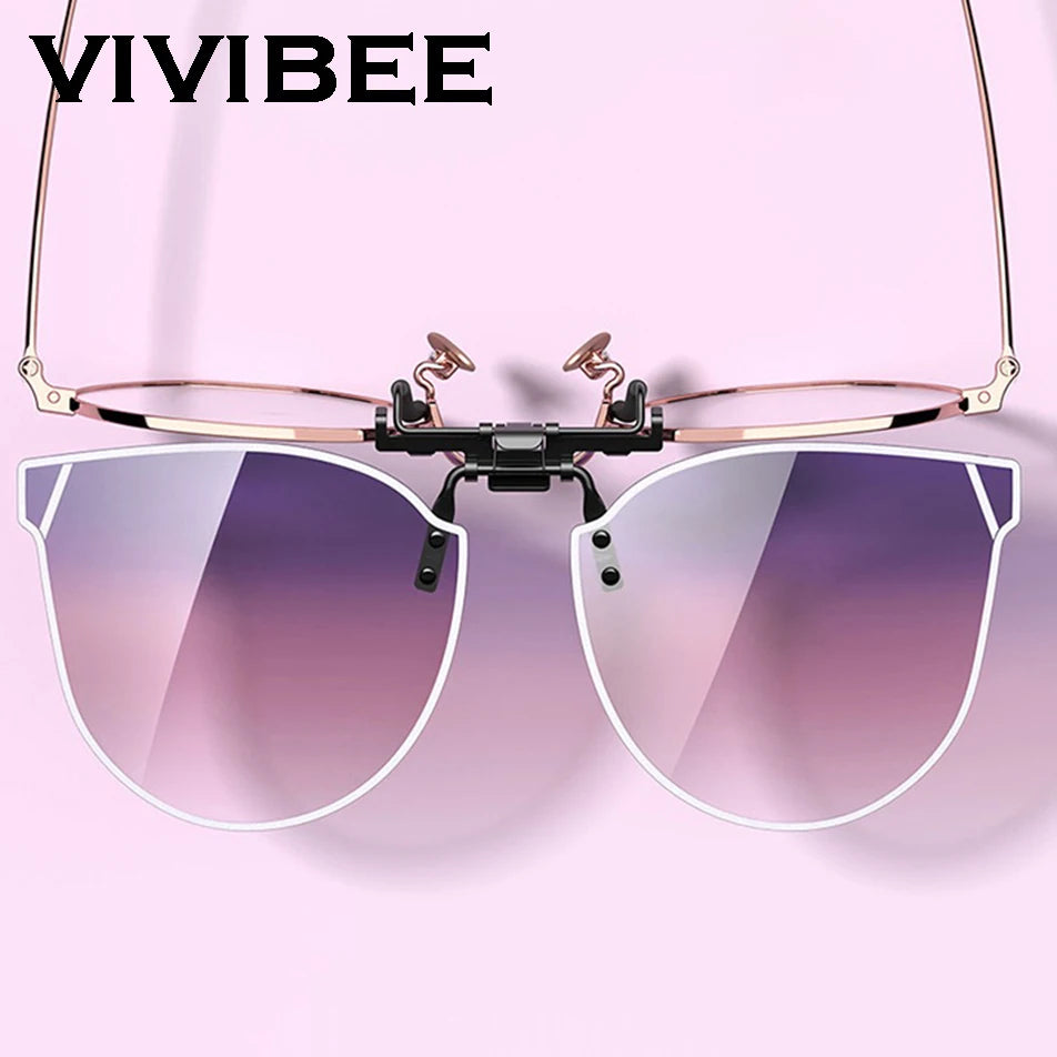 VIVIBEE cat eye clip-on sunglasses close-up showing polarised gradient lenses and lightweight clip design