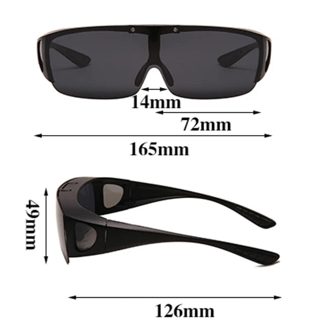 Detailed size diagram of VIVIBEE V5017 sunglasses showing 165mm lens width and 49mm height dimensions