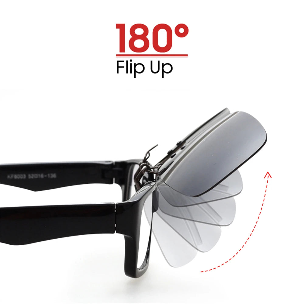 Side view of VIVIBEE flip-up clip-on sunglasses showing 180-degree hinge and lens movement