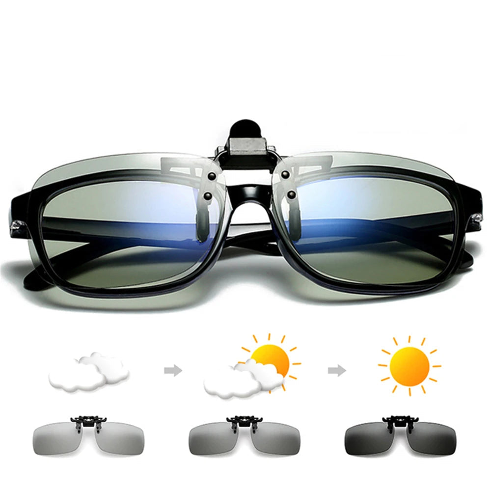 VIVIBEE grey photochromic flip-up clip-on sunglasses with polarised UV400 lenses for day to night use