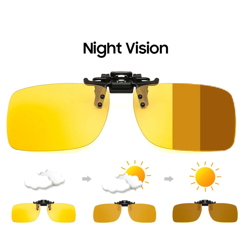 Close-up of VIVIBEE night-vision yellow flip-up clip-on sunglasses showing lens tint transition