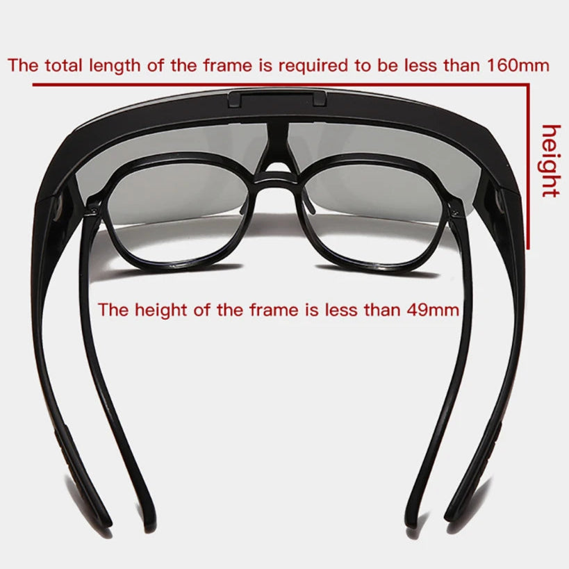 Sizing guide showing how VIVIBEE fit-over sunglasses sit above prescription glasses for a secure, comfortable fit