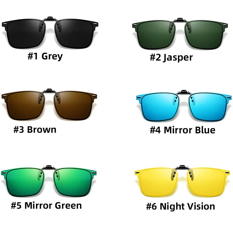 VIVIBEE polarised clip-on sunglasses range showing six colour options including brown, blue, green, and yellow
