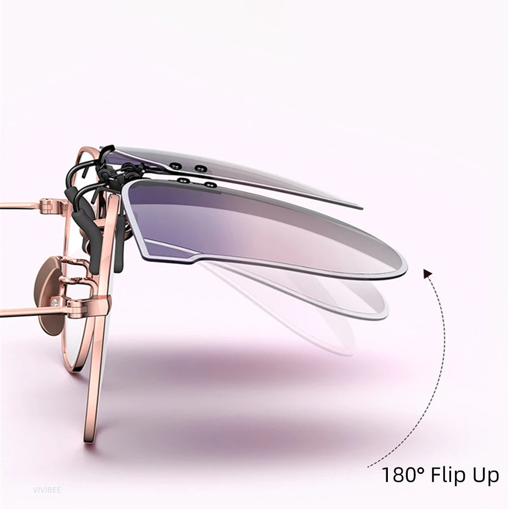 VIVIBEE V5040 square clip-on sunglasses side profile showing polished hinge and transparent frame arms