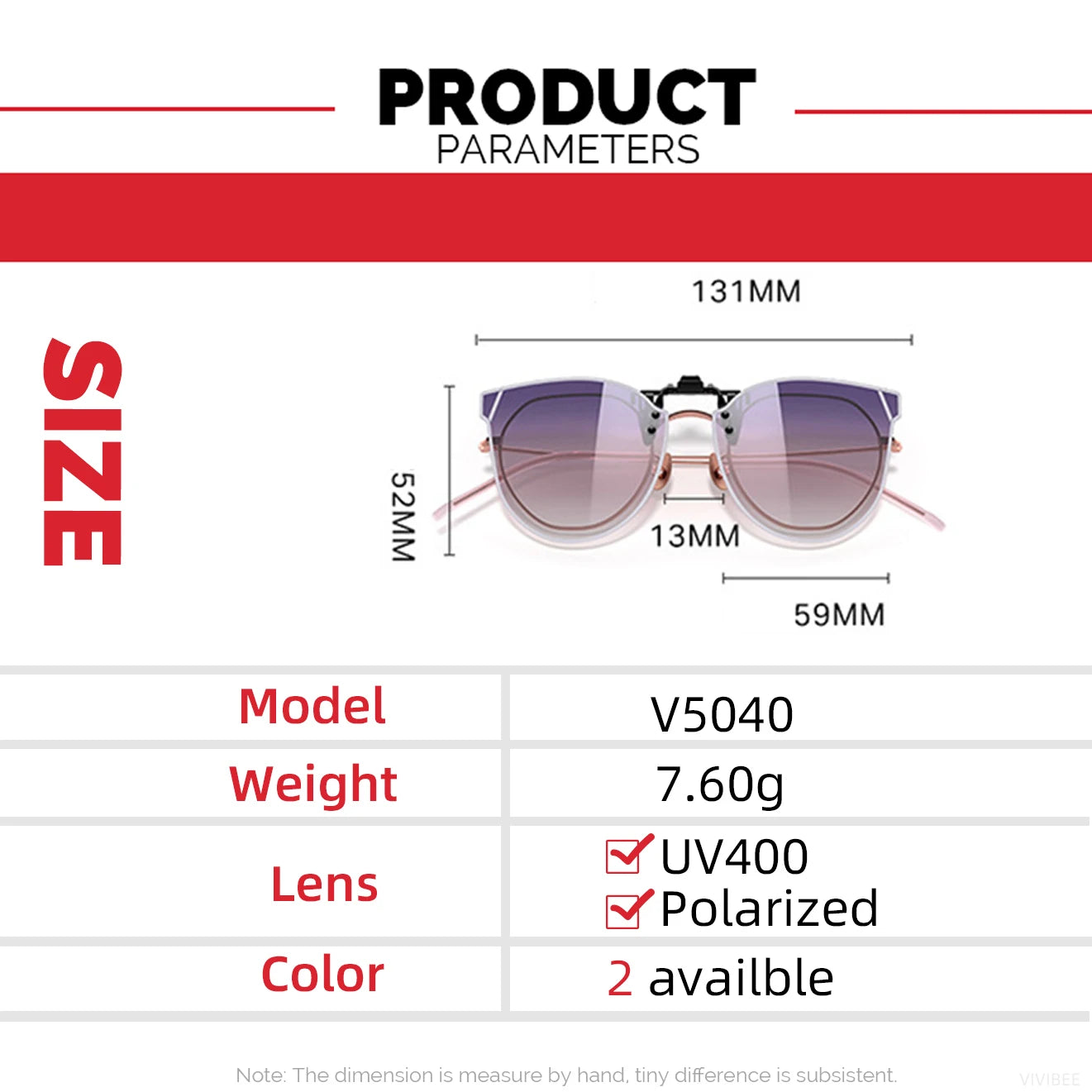 VIVIBEE V5040 size and lens specification chart with UV400 and polarised certification details