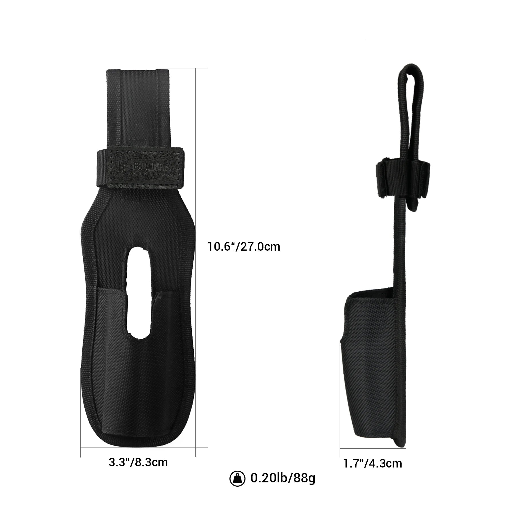 Size guide showing BOOMS FISHING P04 waist rod holder dimensions and belt attachment design