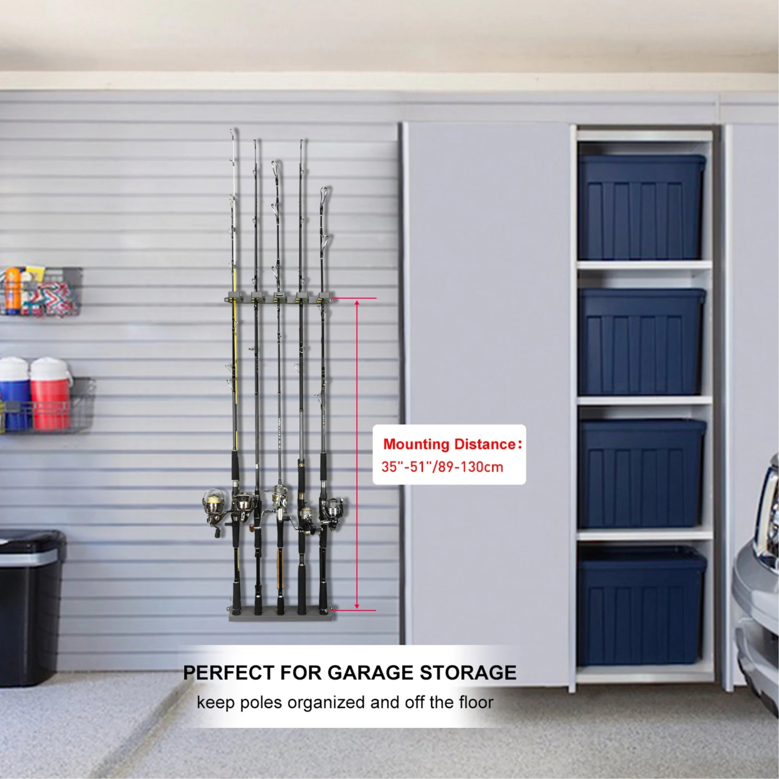 Wall-mounted fishing rod storage rack installed in garage holding ten rods in organised layout