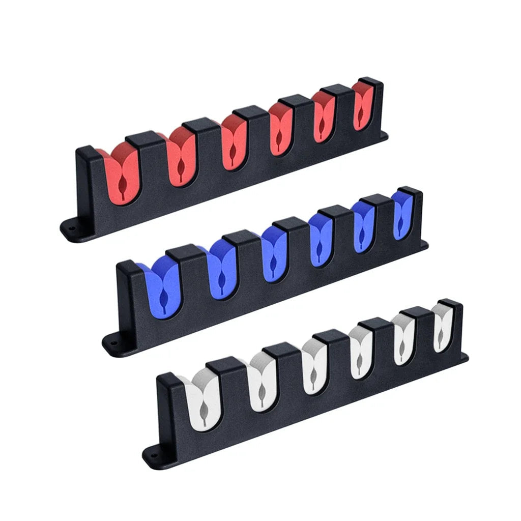 Wall-mounted fishing rod rack set with six EVA-lined slots for secure and organised gear storage