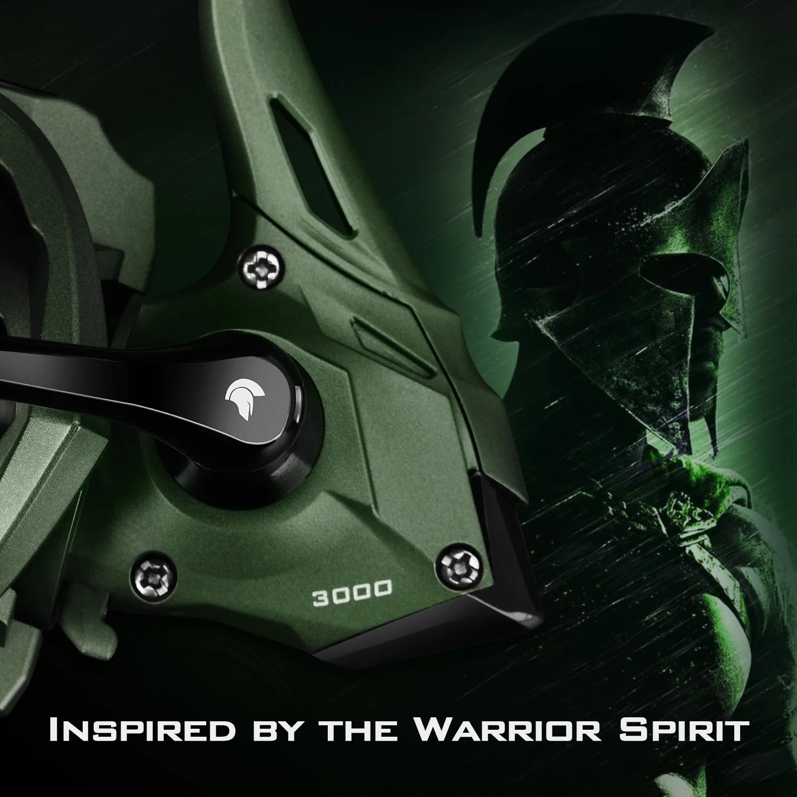 WARRIOR spinning reel close-up showing EVA handle knob and precision machined body finish