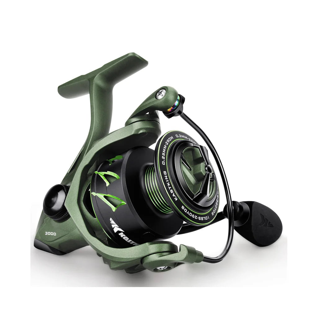 Green WARRIOR spinning reel with reinforced nylon body, carbon fibre drag, and aluminium 6061 spool