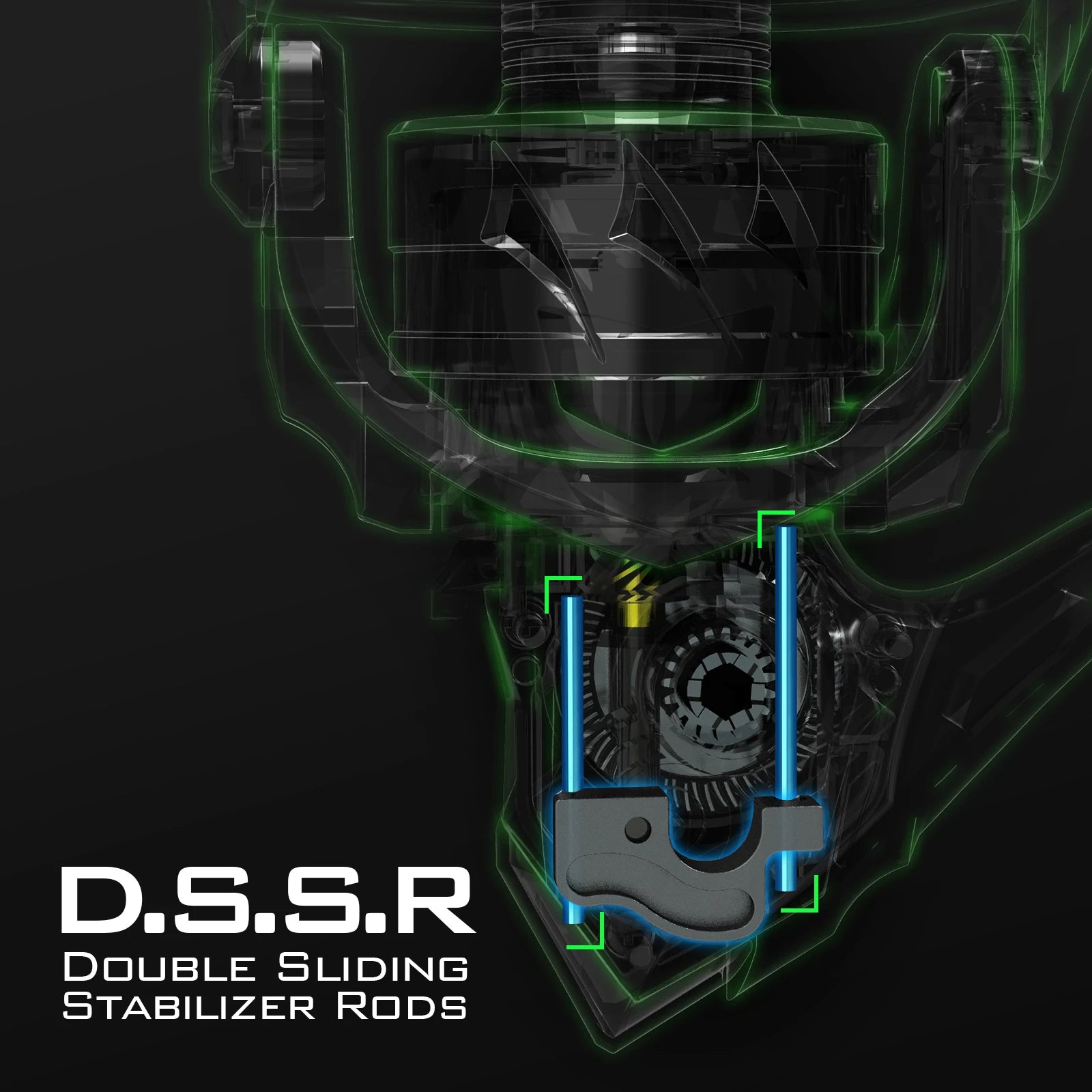 WARRIOR spinning reel cross-section showing D.S.S.R. dual stabilisation rod for added torque balance and strength