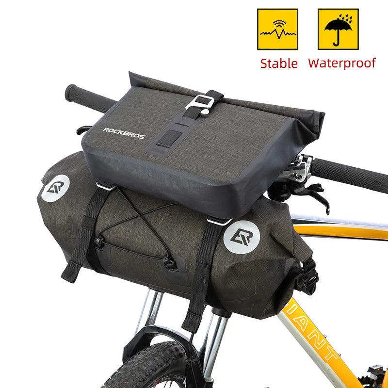 Waterproof bikepacking handlebar bag mounted on bike