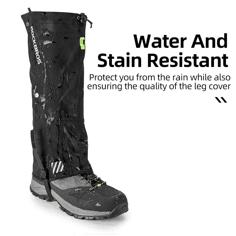 Waterproof boot gaiters showing water resistance feature
