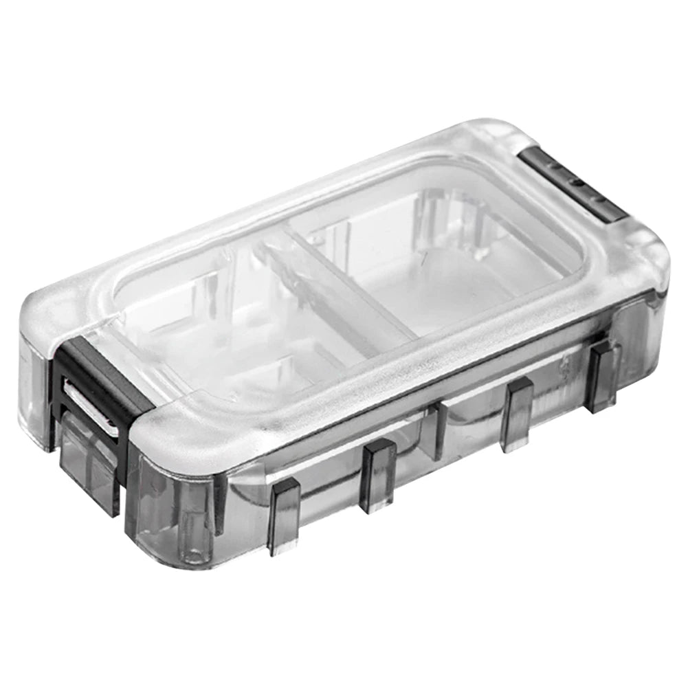 Clear waterproof fishing tackle organiser with secure locking clips