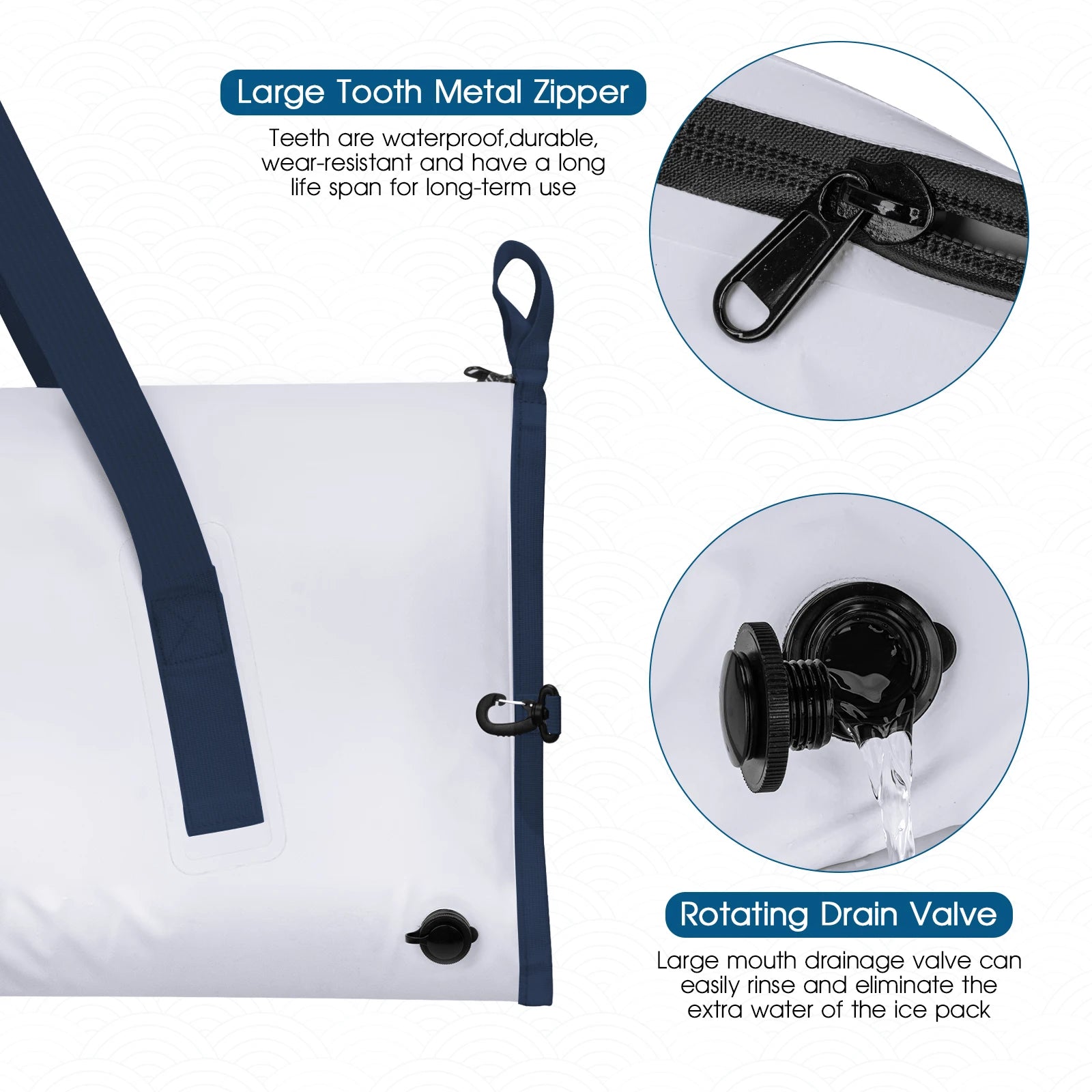 Waterproof fishing cooler bag zipper and drain valve