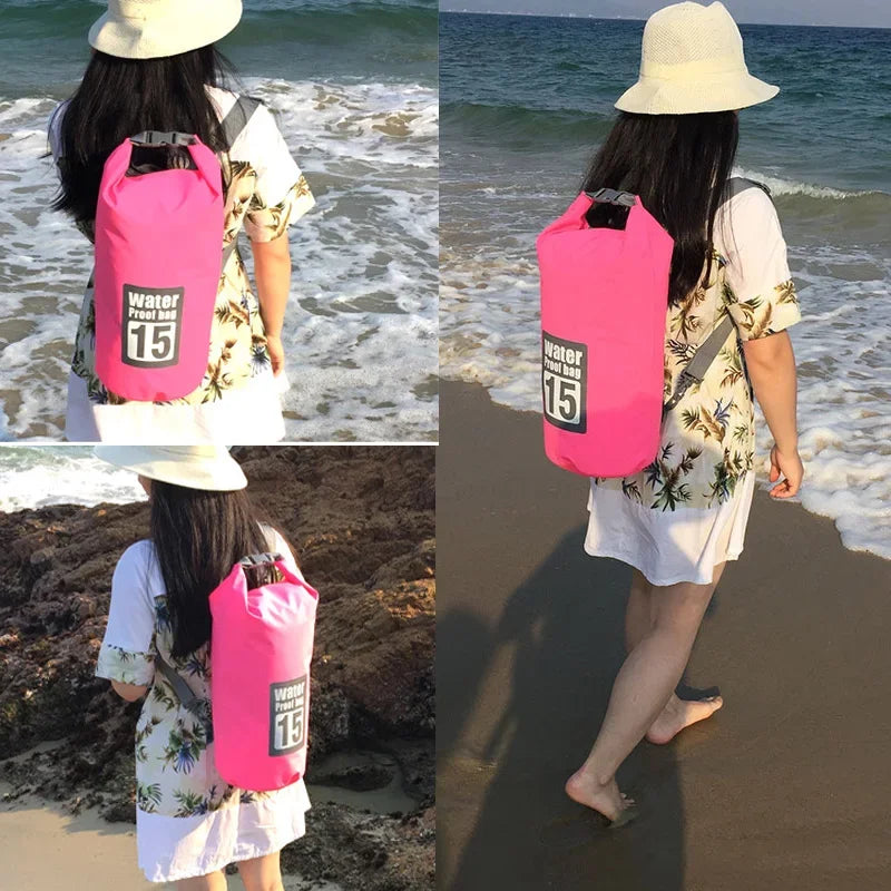 Waterproof dry bag backpack worn at beach