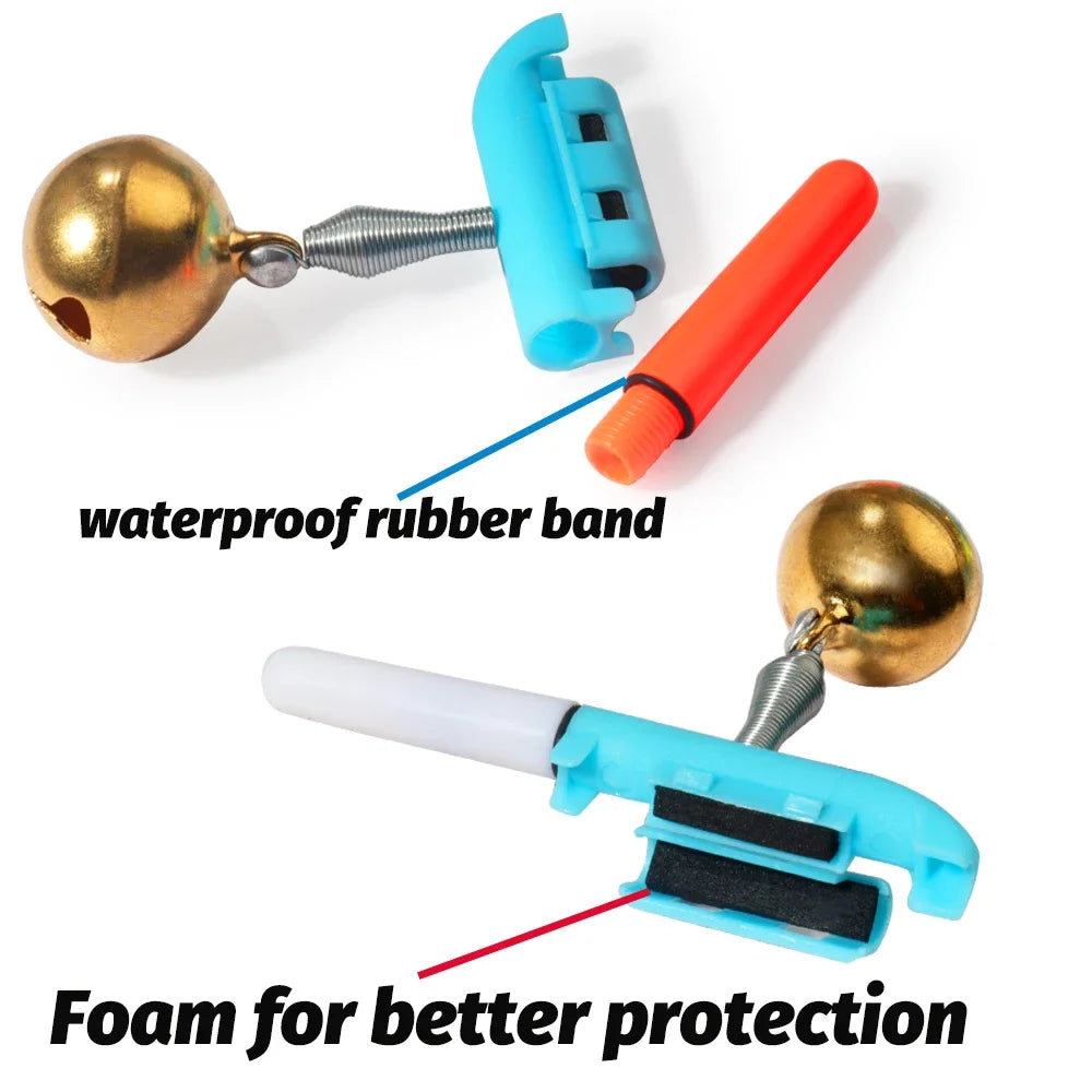 Waterproof fishing bell light close-up with rubber band and foam insert for protection
