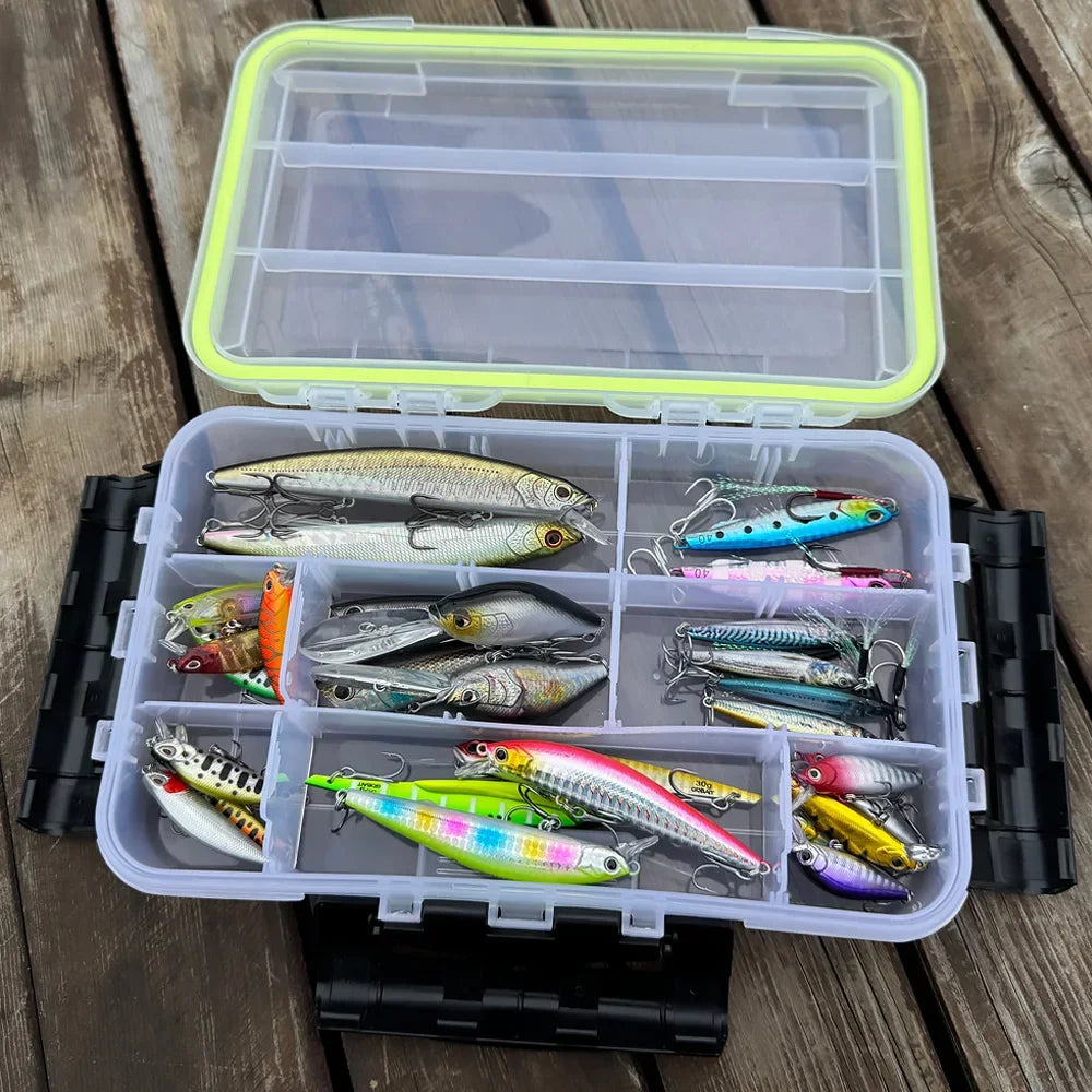 Waterproof fishing tackle box open with lures organised