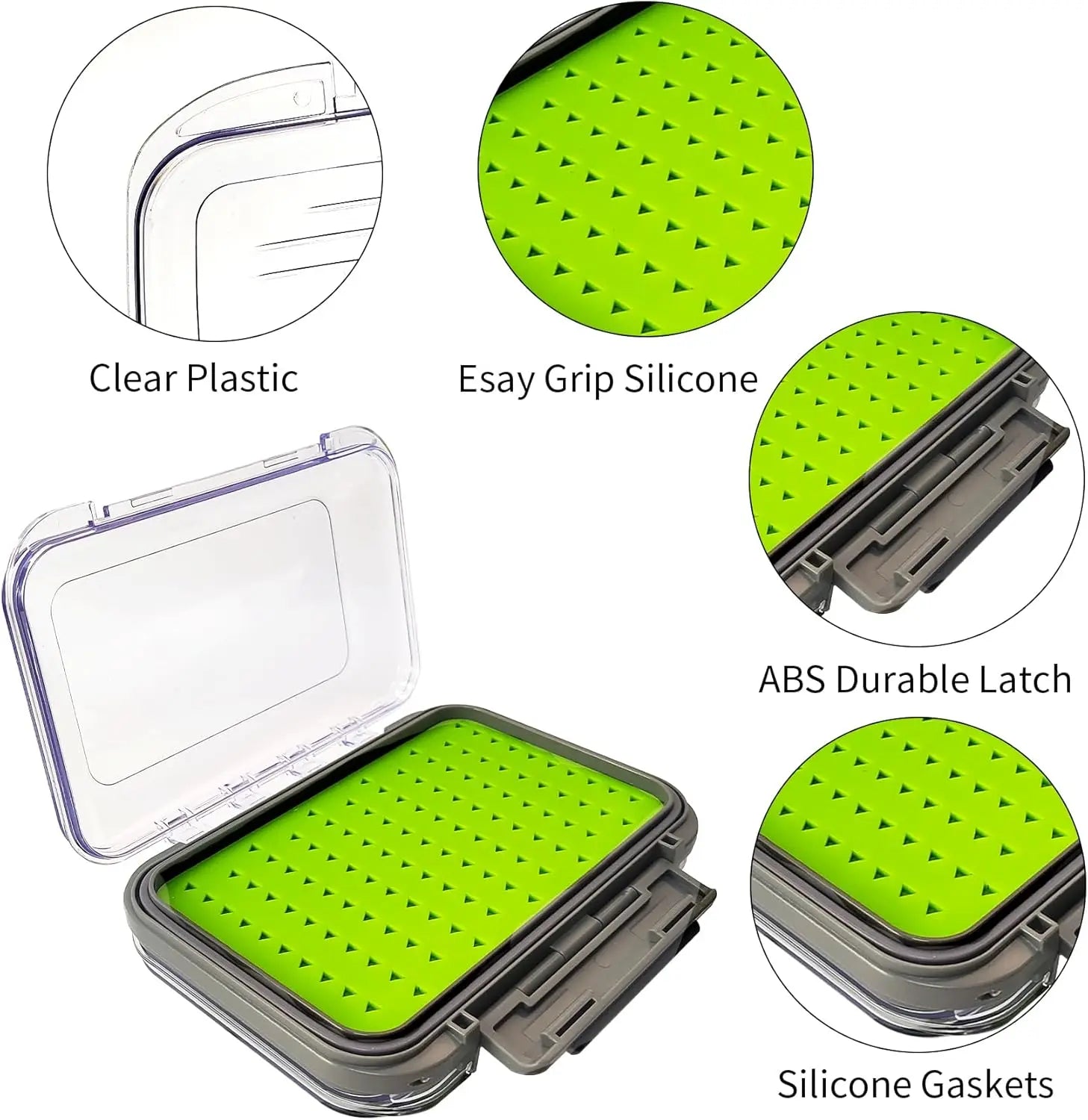 Floating waterproof fly box shown open and closed with clear ABS lid
