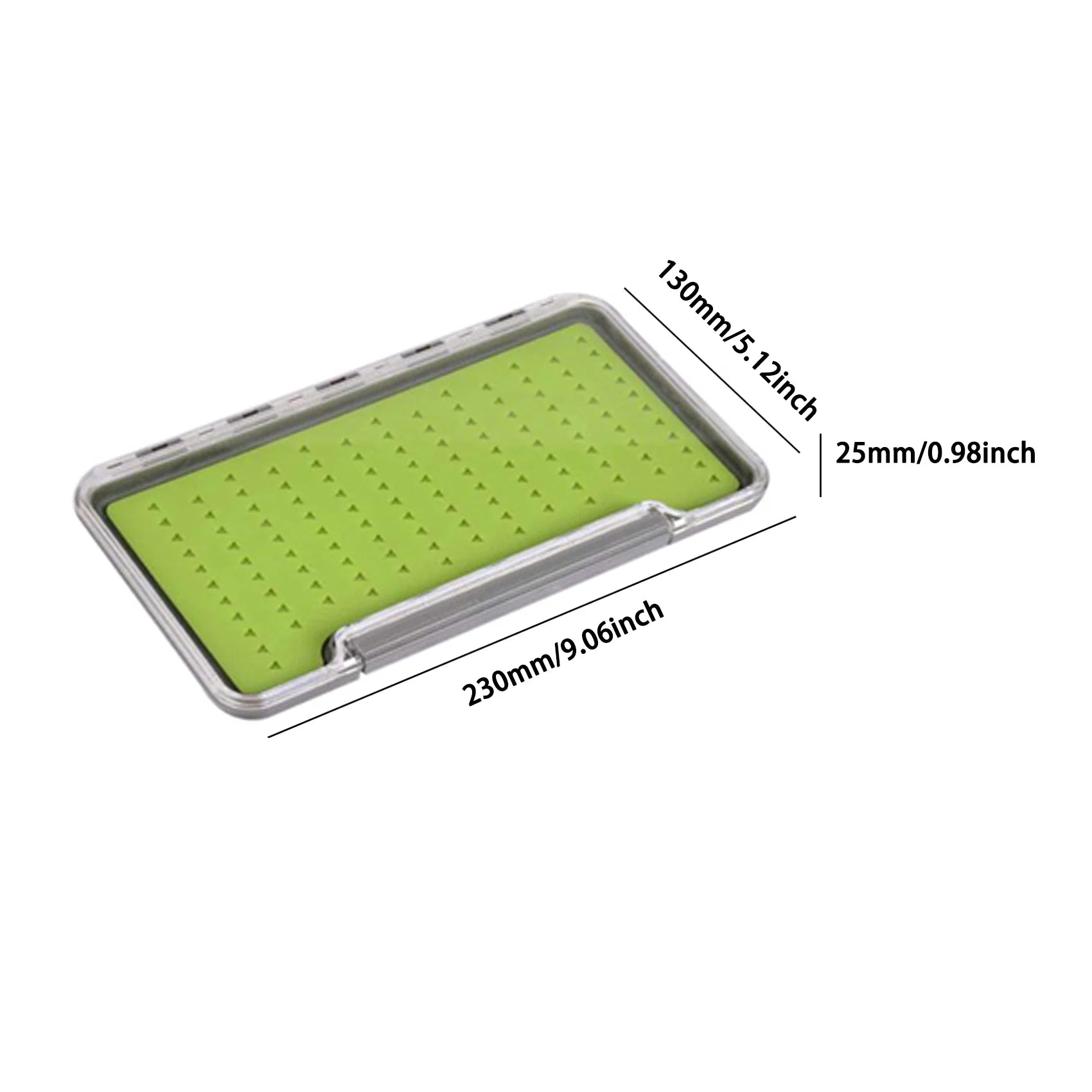 Open waterproof fly box with green silicone insert and measurement overlay