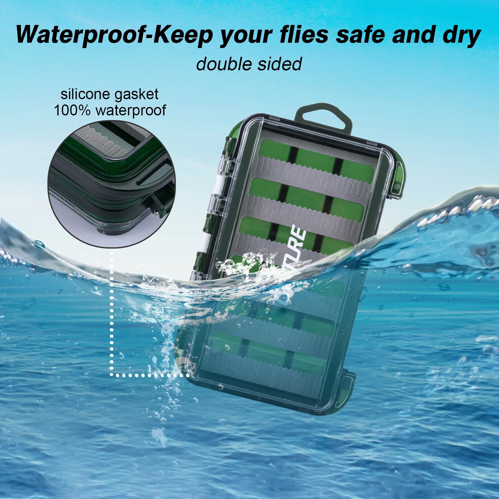 Waterproof fly fishing box designed to keep flies dry
