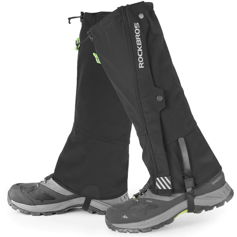 Black waterproof hiking gaiters worn over boots