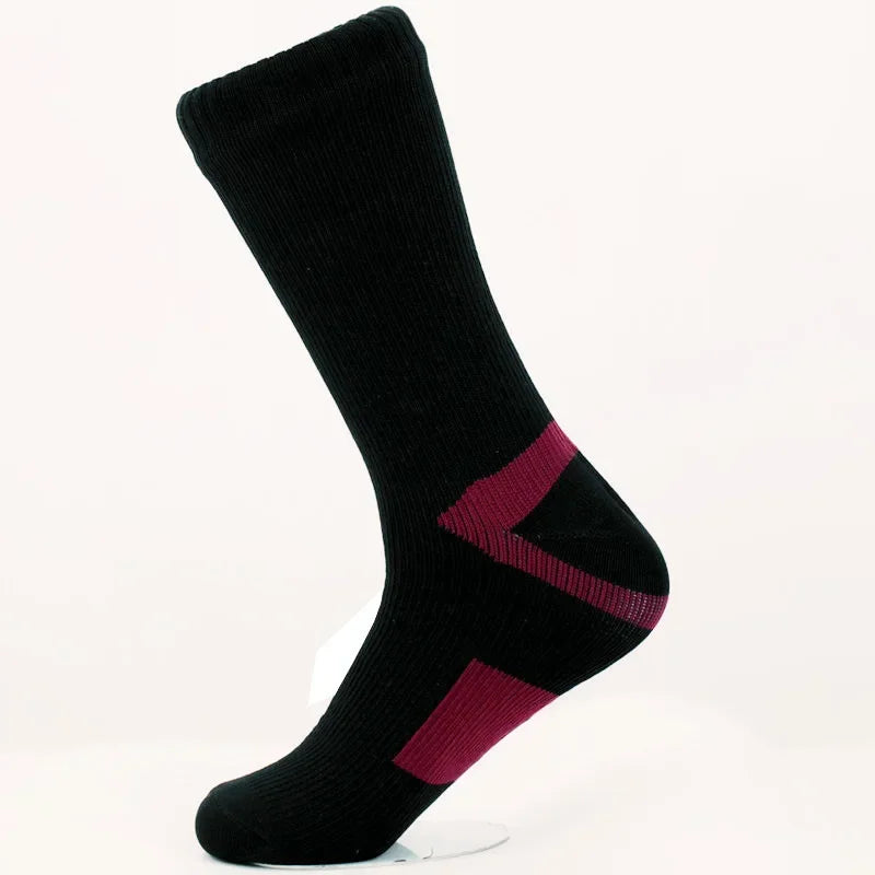 Black waterproof knee high socks with red support panel