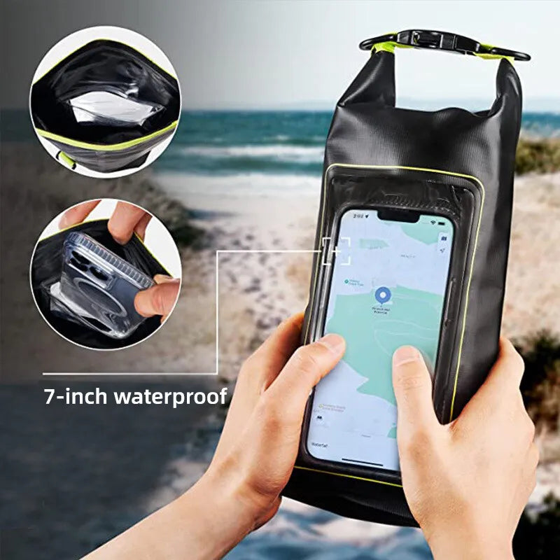 Person holding waterproof phone dry bag by the sea showing touch screen function and clear window