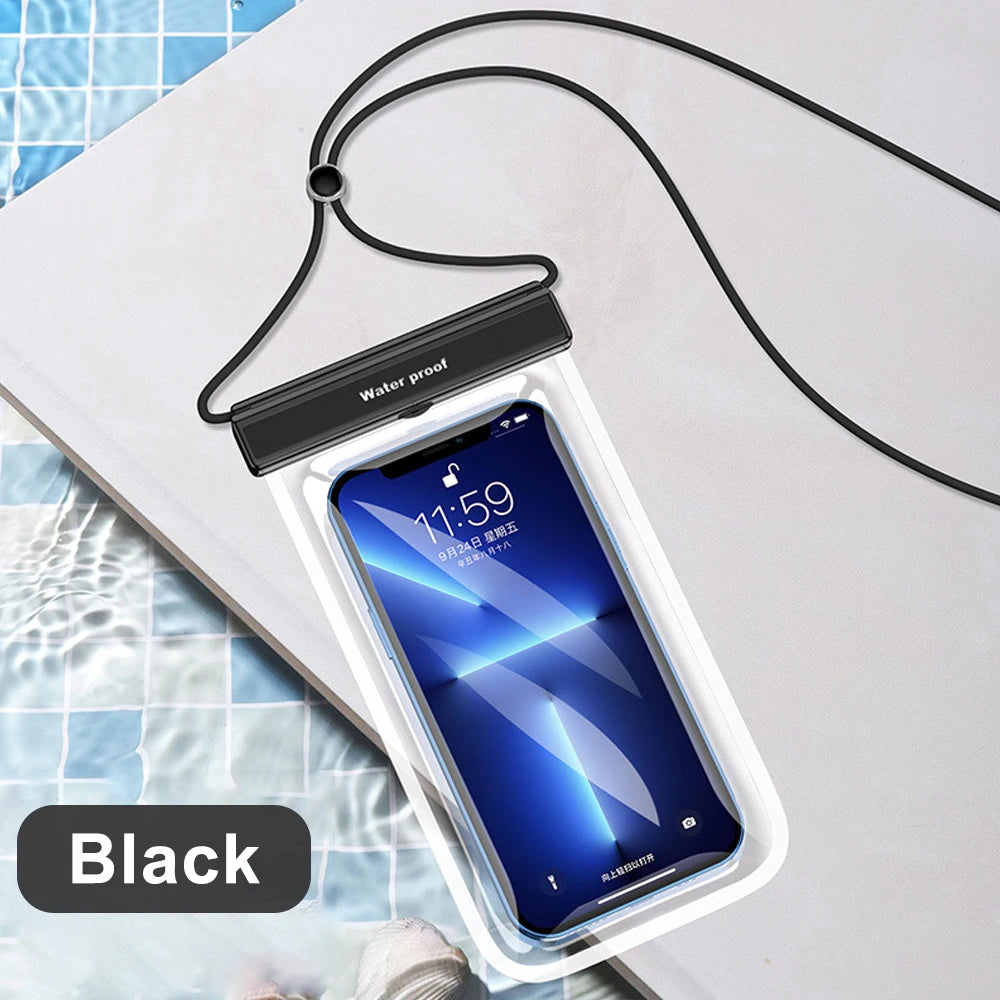 Black waterproof phone holder with neck lanyard