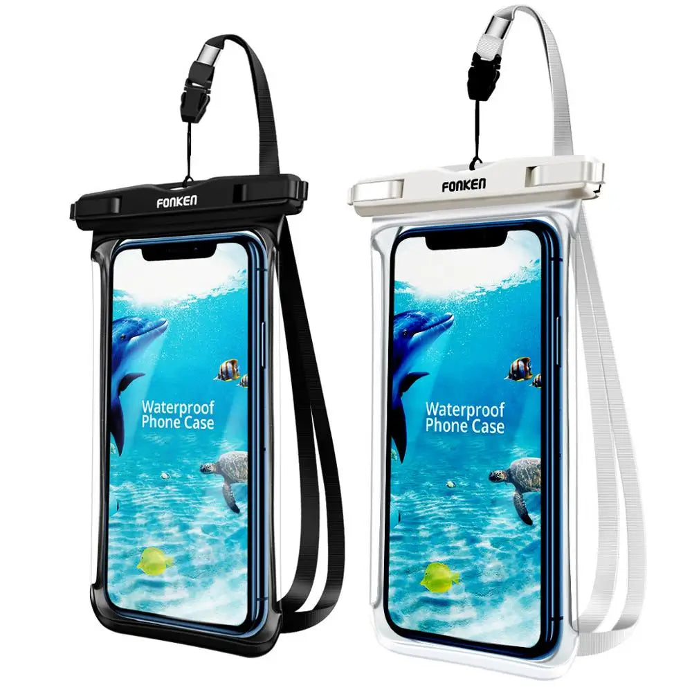 Waterproof phone pouch with lanyard in black and white