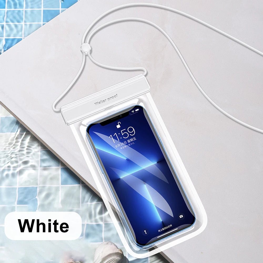 White waterproof phone pouch with adjustable lanyard