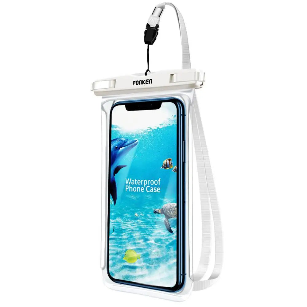 White waterproof phone pouch with detachable lanyard