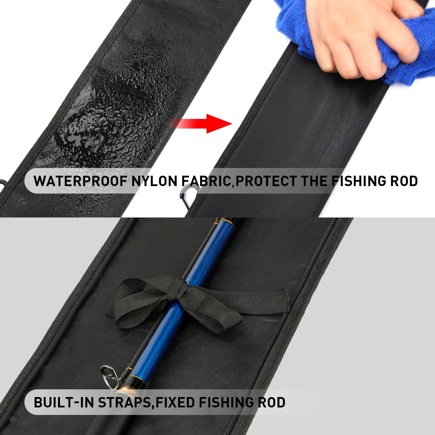 Waterproof rod bag fabric and zip detail
