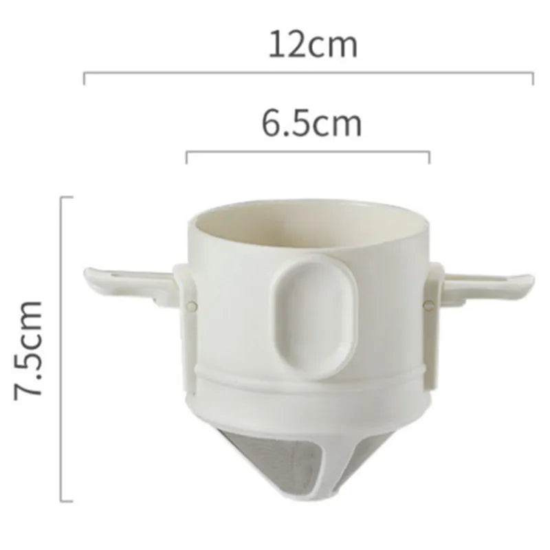 Measurement chart of white stainless coffee dripper showing filter size, pot height, and brewing proportions