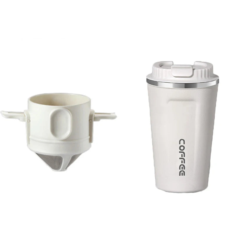 White stainless steel coffee dripper with matching insulated white travel mug for portable pour-over coffee