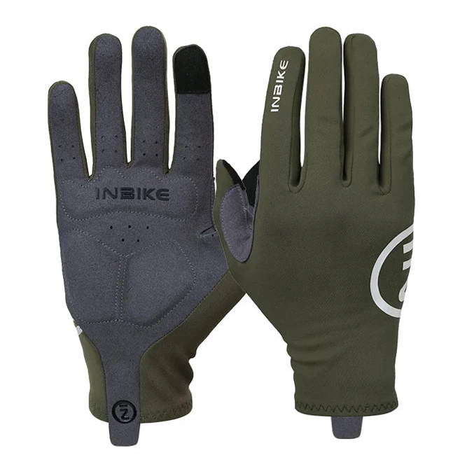 Green full finger winter cycling gloves front and back
