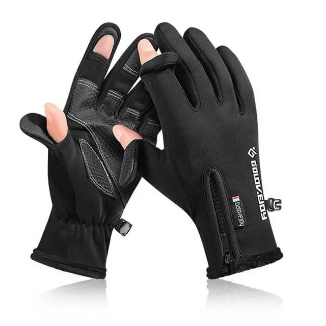 Black winter fishing gloves front and back view