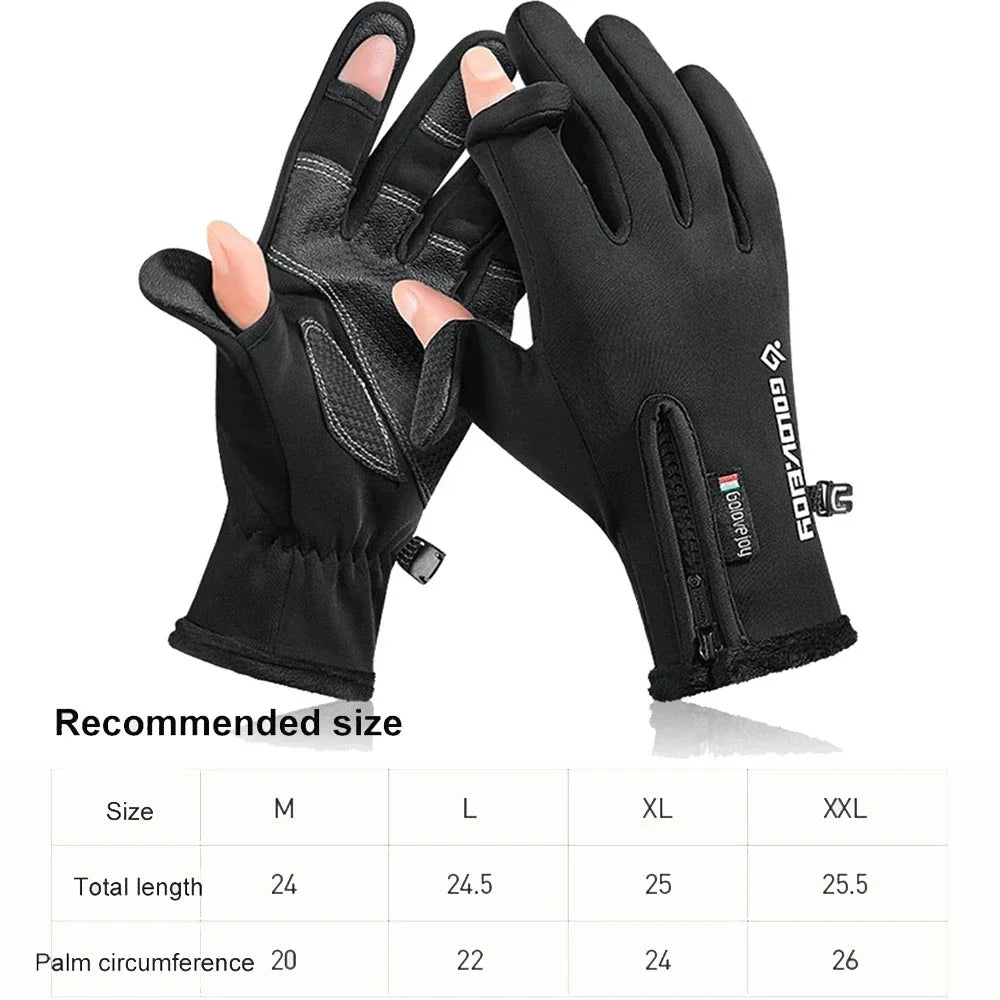 Black winter fishing gloves with size chart graphic