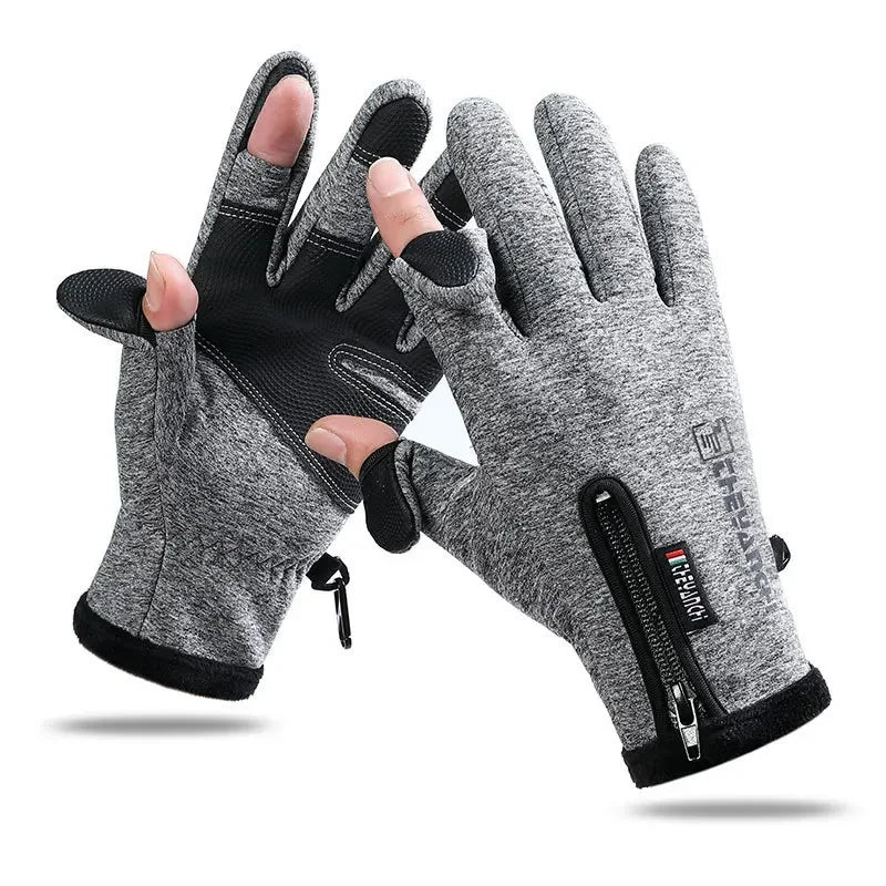 Grey winter fishing gloves with flip back fingertips