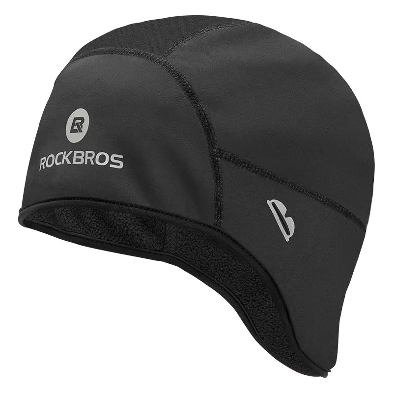 Black winter helmet liner beanie with extended ear coverage