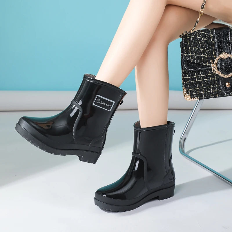 Black women’s ankle gumboots worn showing flat non slip sole
