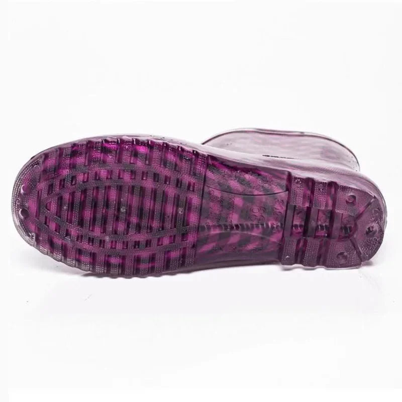 Purple women’s ankle gumboots sole view showing textured non slip tread